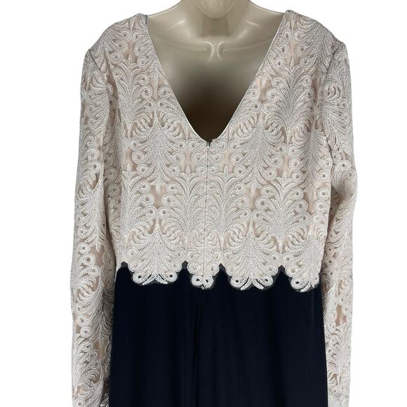 Tadashi Shoji Embroidered Lace Long Evening Gown Black Ivory Size 18 - Picture 9 of 12